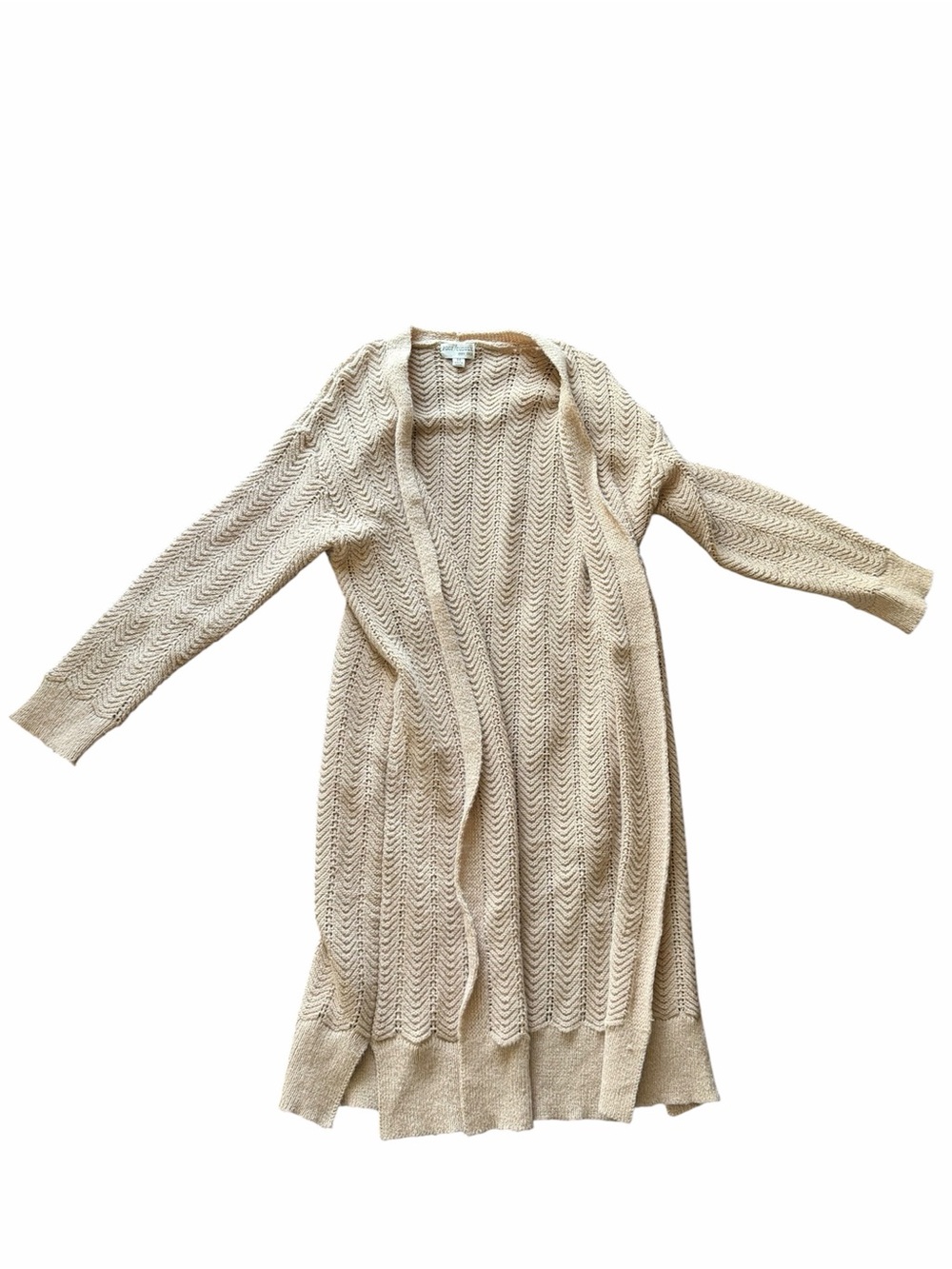 Beige Open-Front Knit Duster Cardigan Sweater